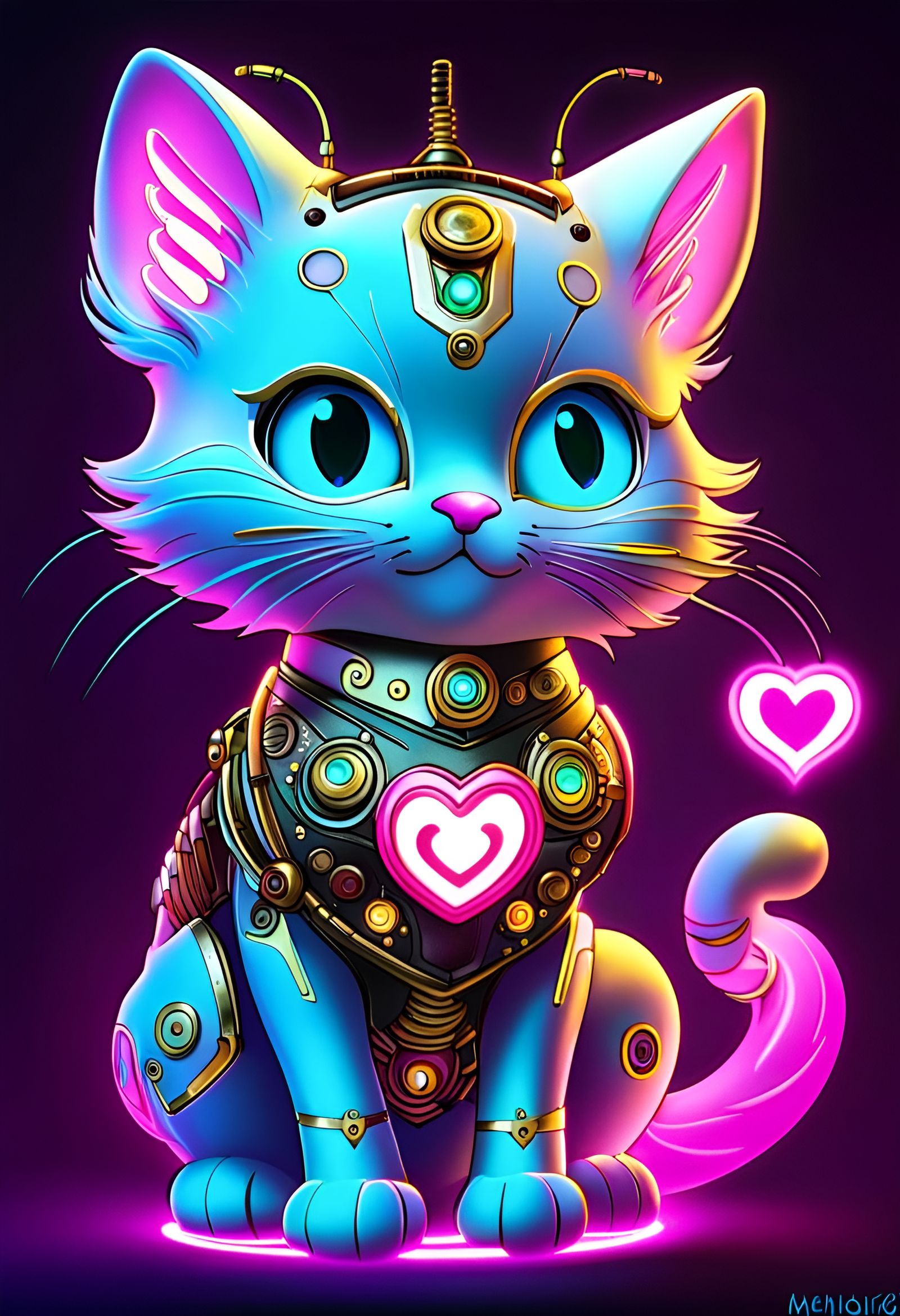 Futuristic Steampunk Cyber-Kitten Robot with Glowing Heart