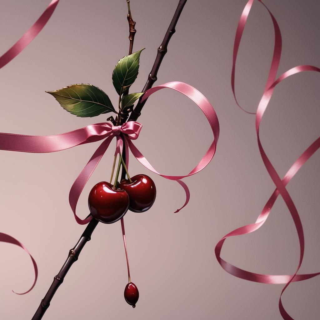 Dark Red Cherry Manga Illustration with Pink Ribbon