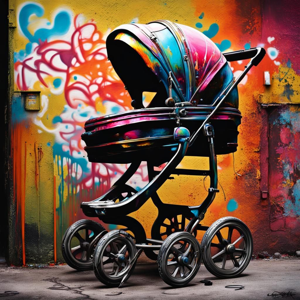 Antique Baby Carriage in Graffiti Splash Art Style