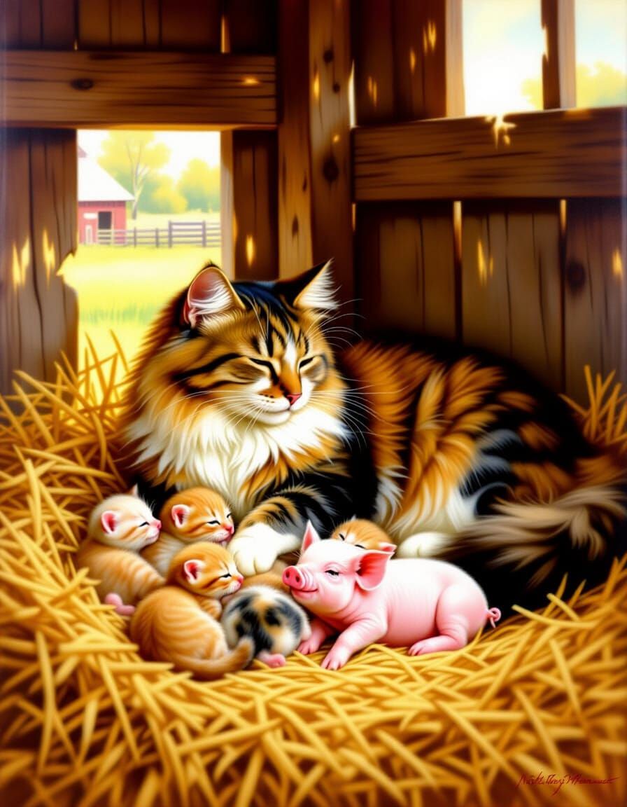 Mother Cat Nurses Piglet in Nostalgic Barn Scene