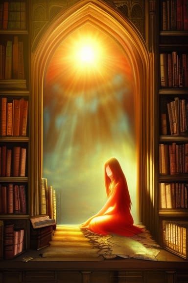 Gothic Library Scene with Woman and Dog