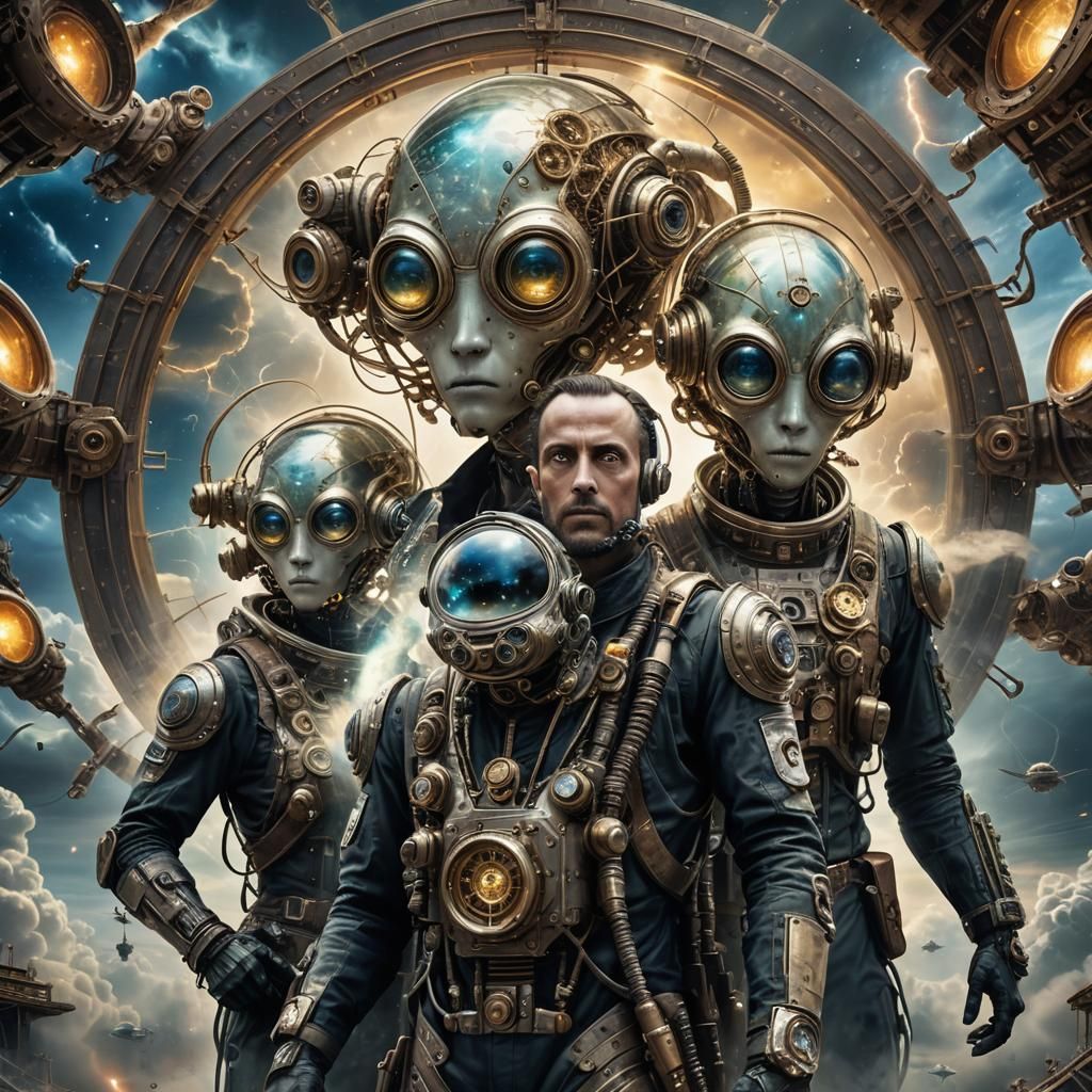 Steampunk Aliens in Celestial Scene with Ray Guns