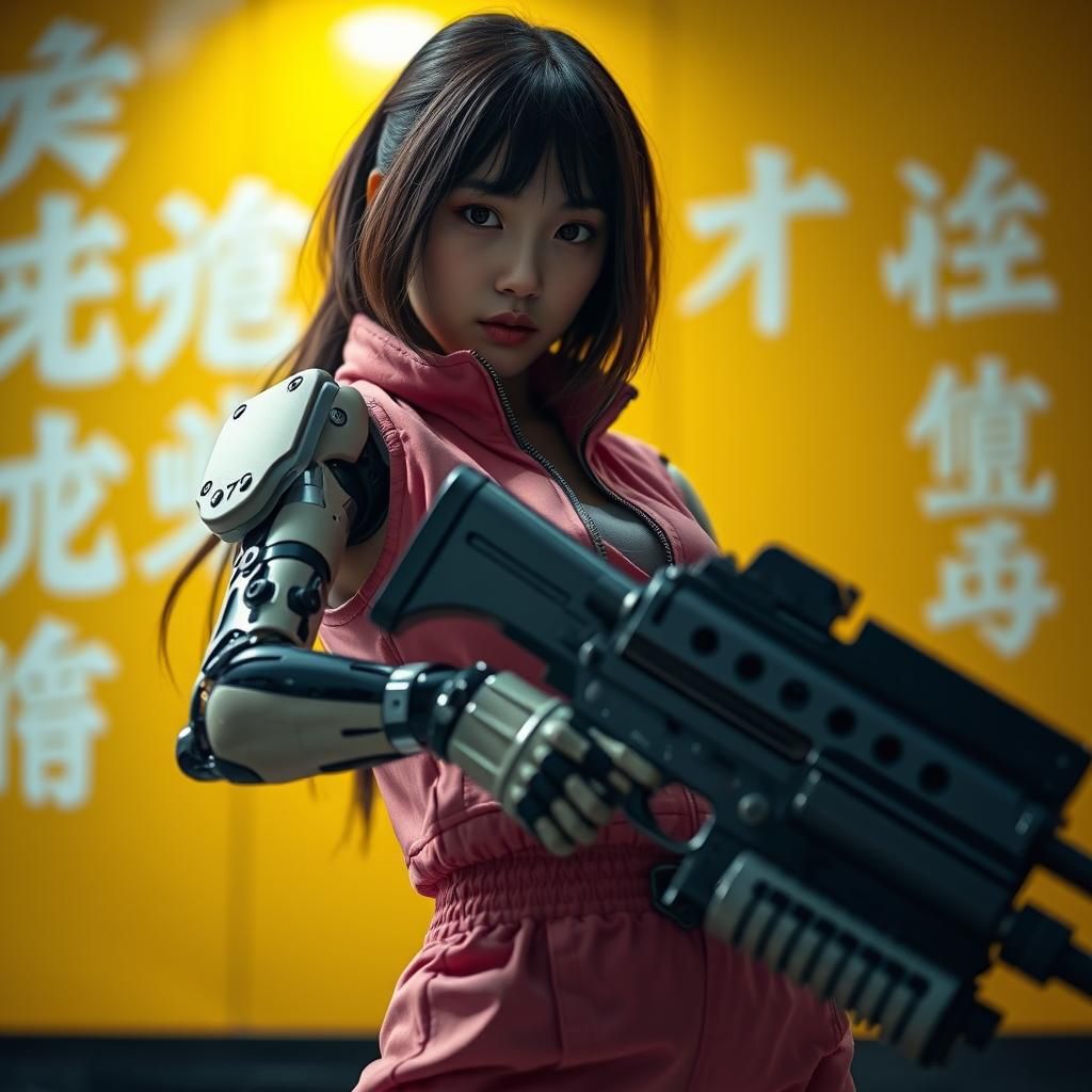 Japanese Girl with Mechanical Arm in Cyberpunk Style