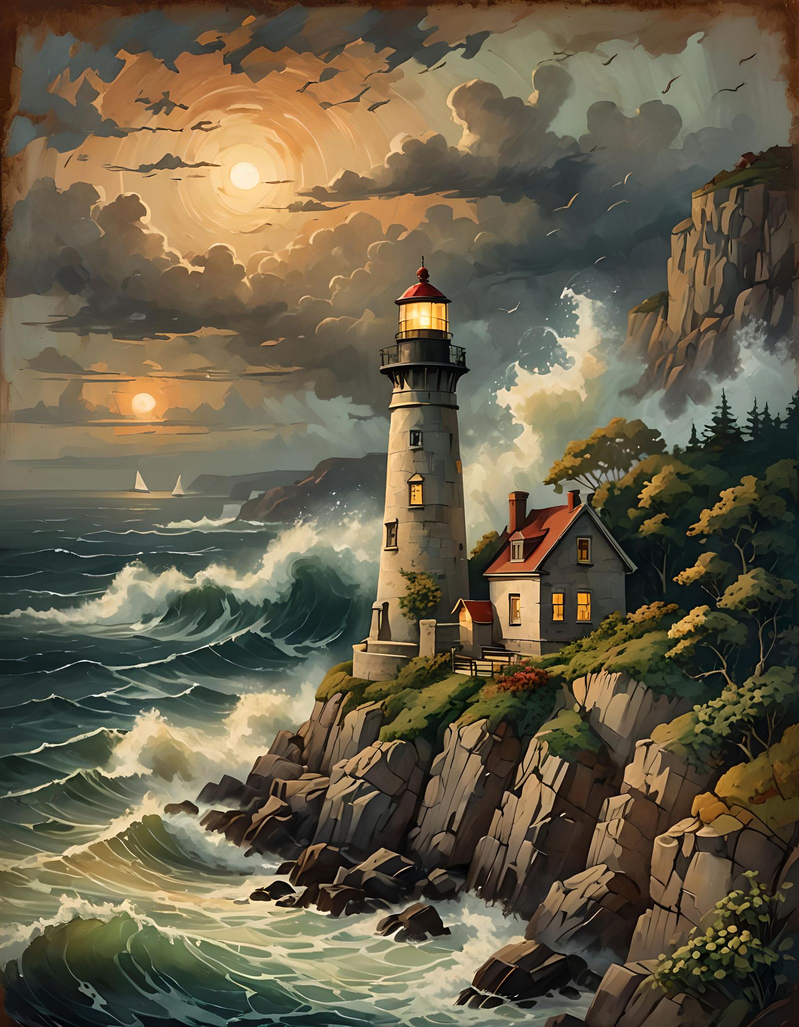 1900s historic rendering of an old lighthouse