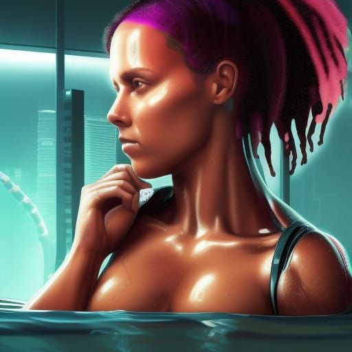 undressed wet tanned big muscular female physique half cyborg enhanced realistic female Alicia Keys face, relaxing, sunn...