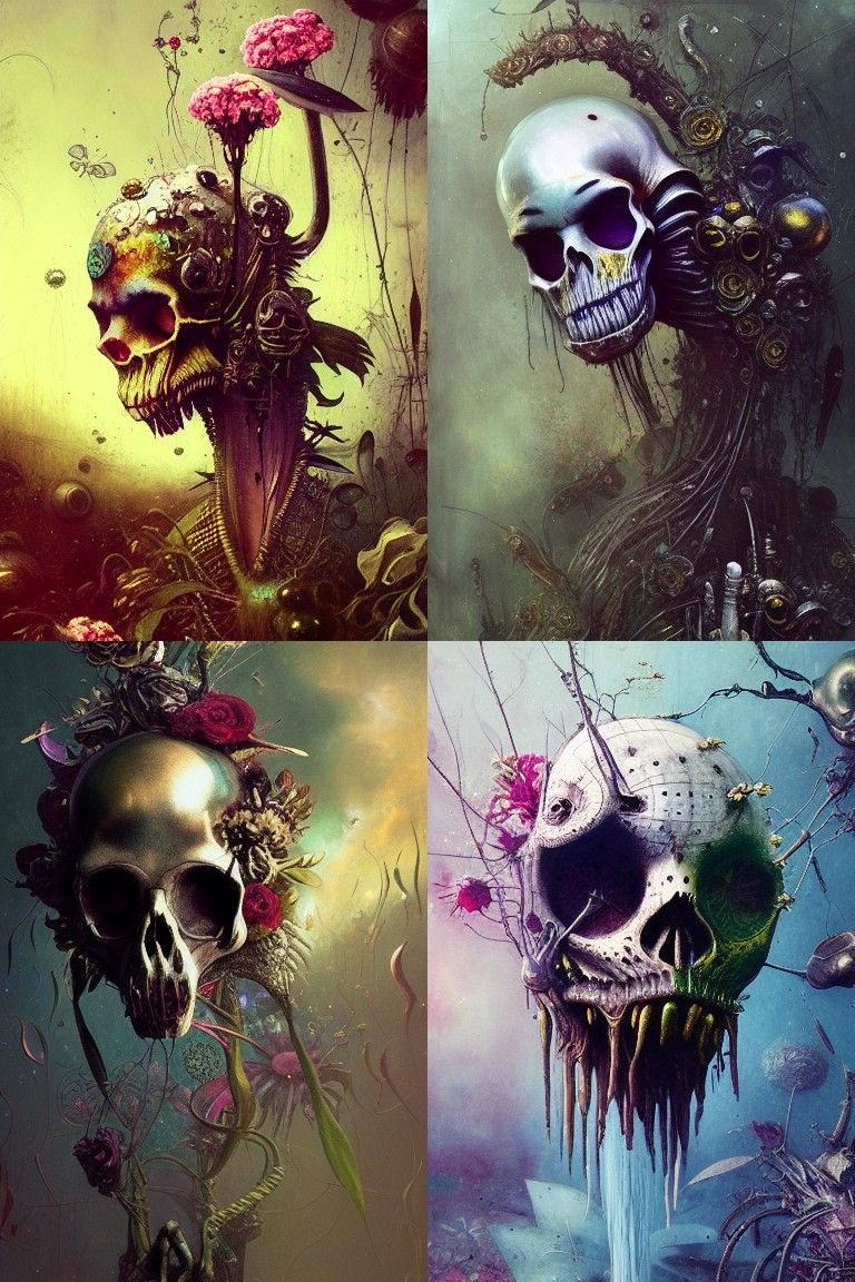 Alien Skull with Metallic Flowers: Hyperrealistic Illustrati...