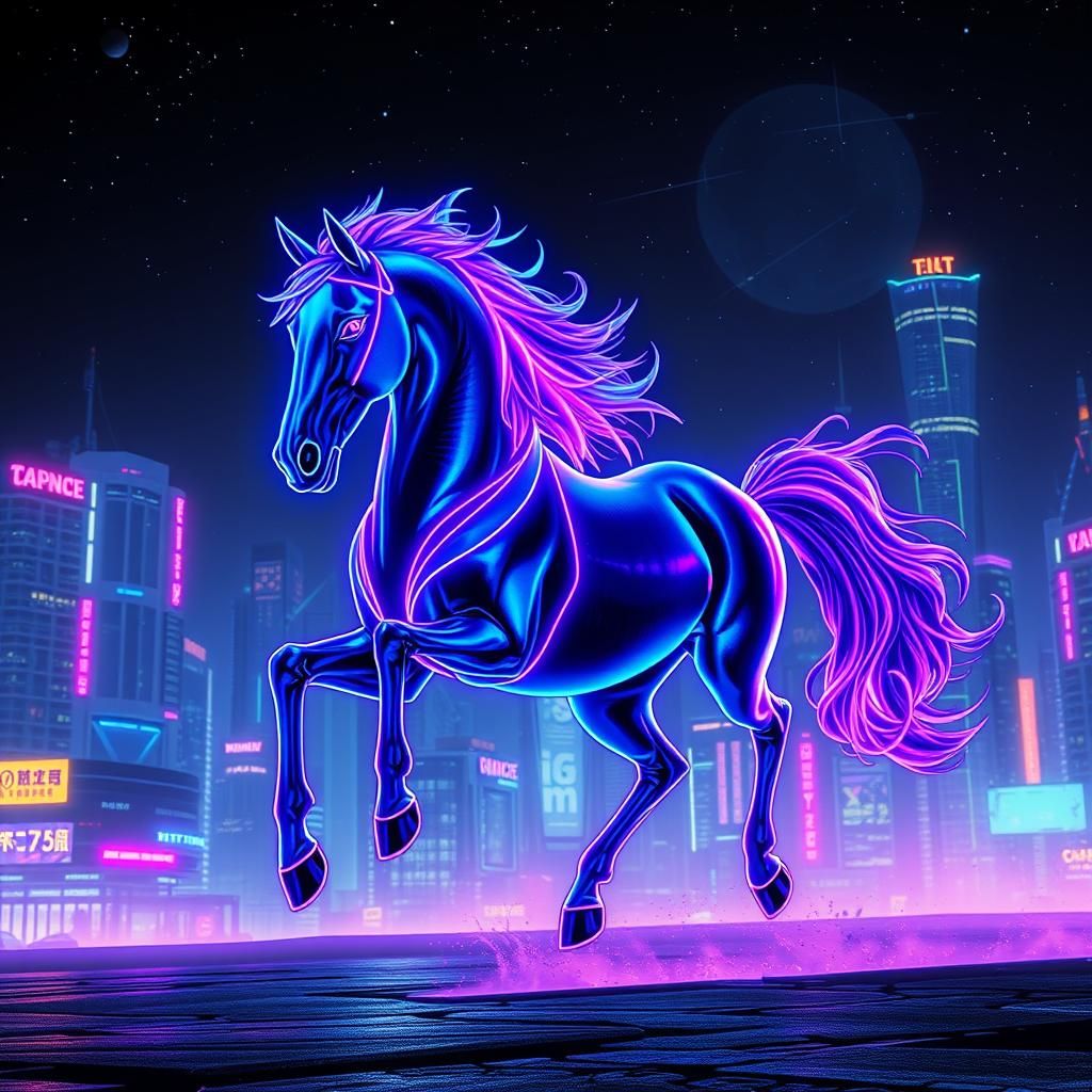 Cyberpunk Neon Stallion Prancing in Futuristic Cityscape