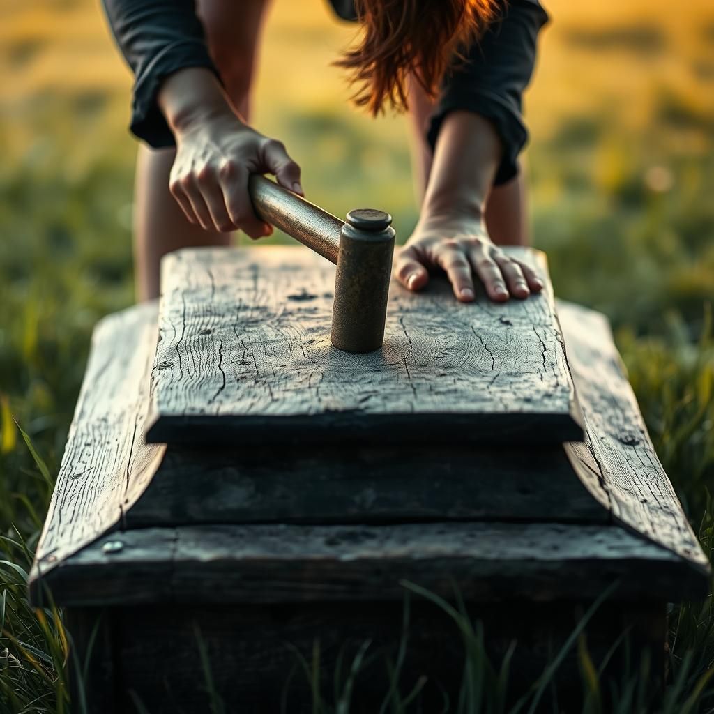 Woman Hammers Coffin Lid in Lush Field