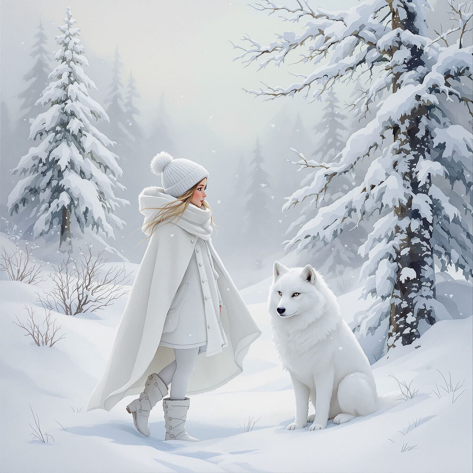 Monochrome White Winter Scene of Forest Girl and Wolf