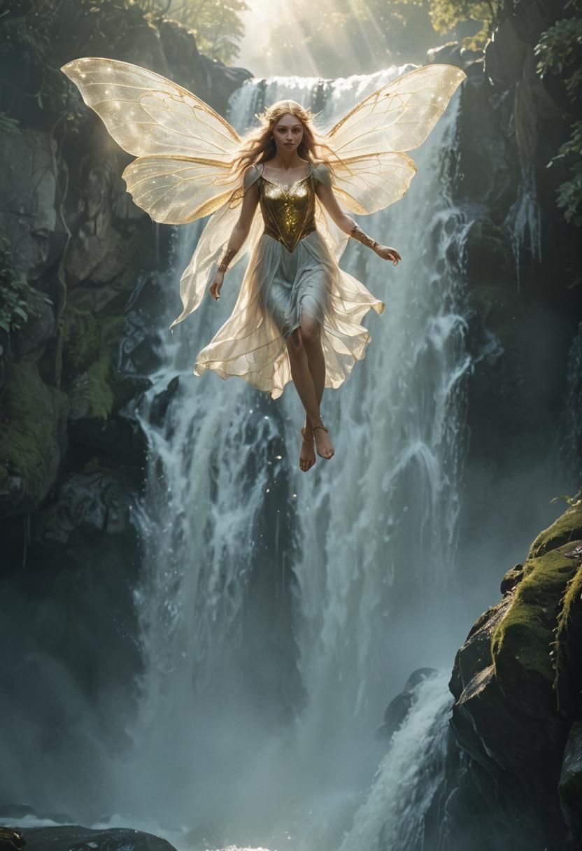 Ethereal Fairy Portrait Above Waterfall in Photorealism