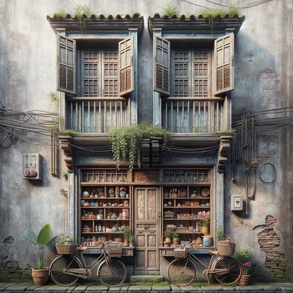 Weathered Blue Building with Shopfront and Bicycles