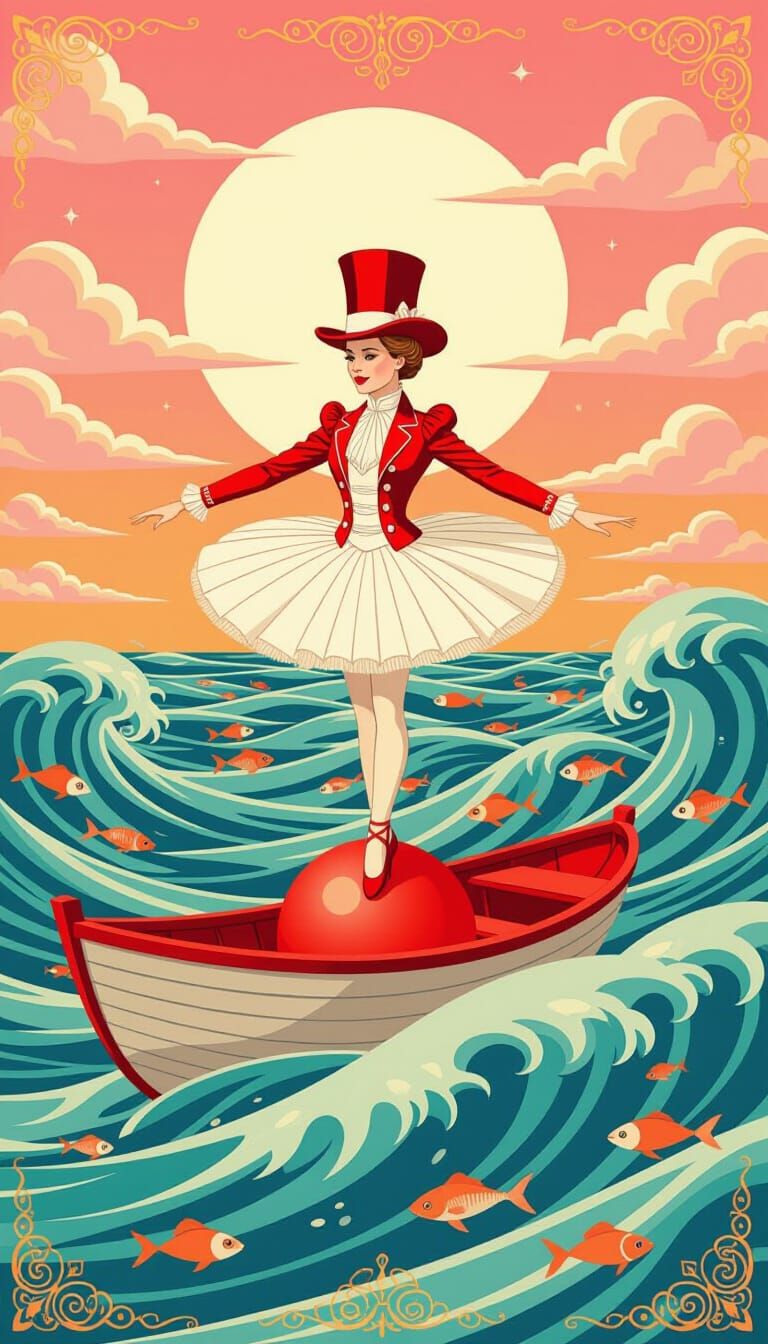 Ballerina Balances on Red Ball in Art Deco Illustration