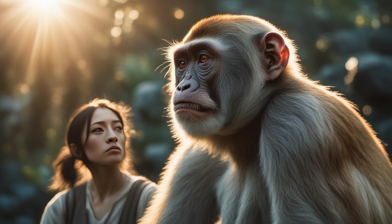 Hyperrealistic Girl and Monkey in Cinemascope