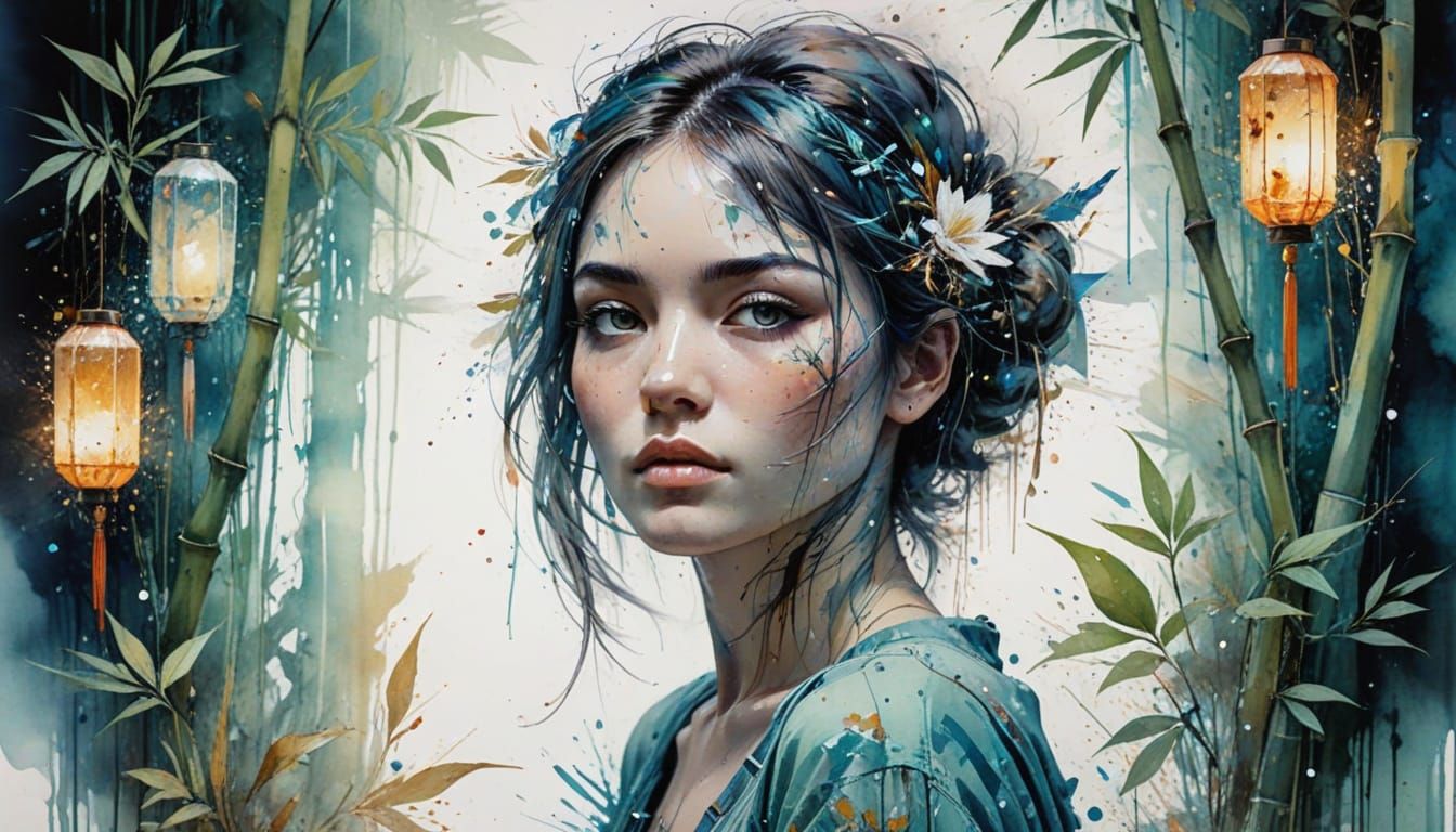 Dreamscape: Moonlit Bamboo Forest in Watercolor Style