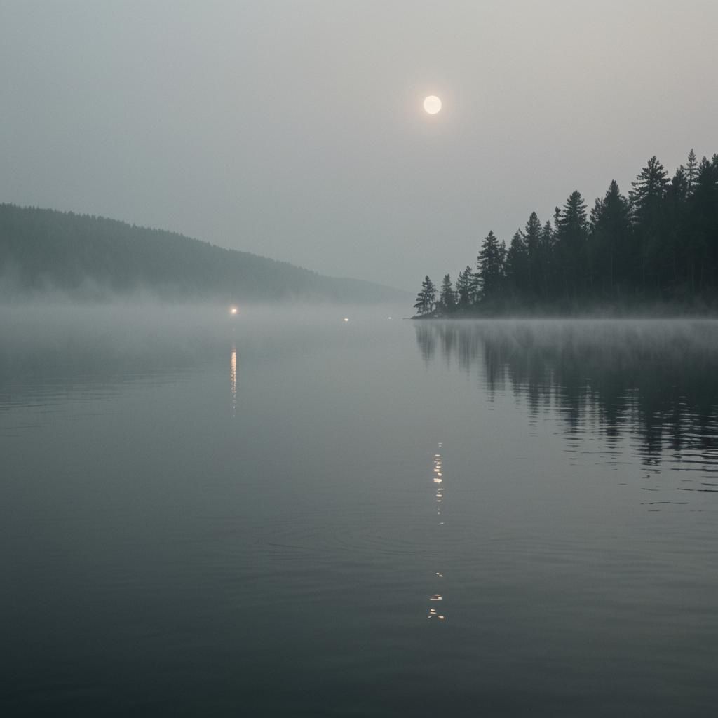 Dreamlike Lights Dance on Misty Lake: Cinematic Still