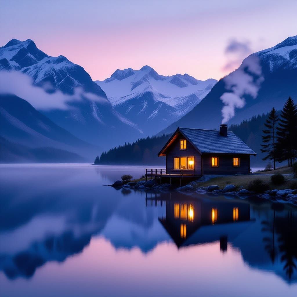Cozy Minimalist Cabin by Mirror Lake at Pastel Dawn
