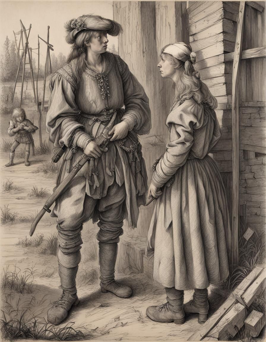 Detailed Charcoal Drawing of Woman Speaking to Boy