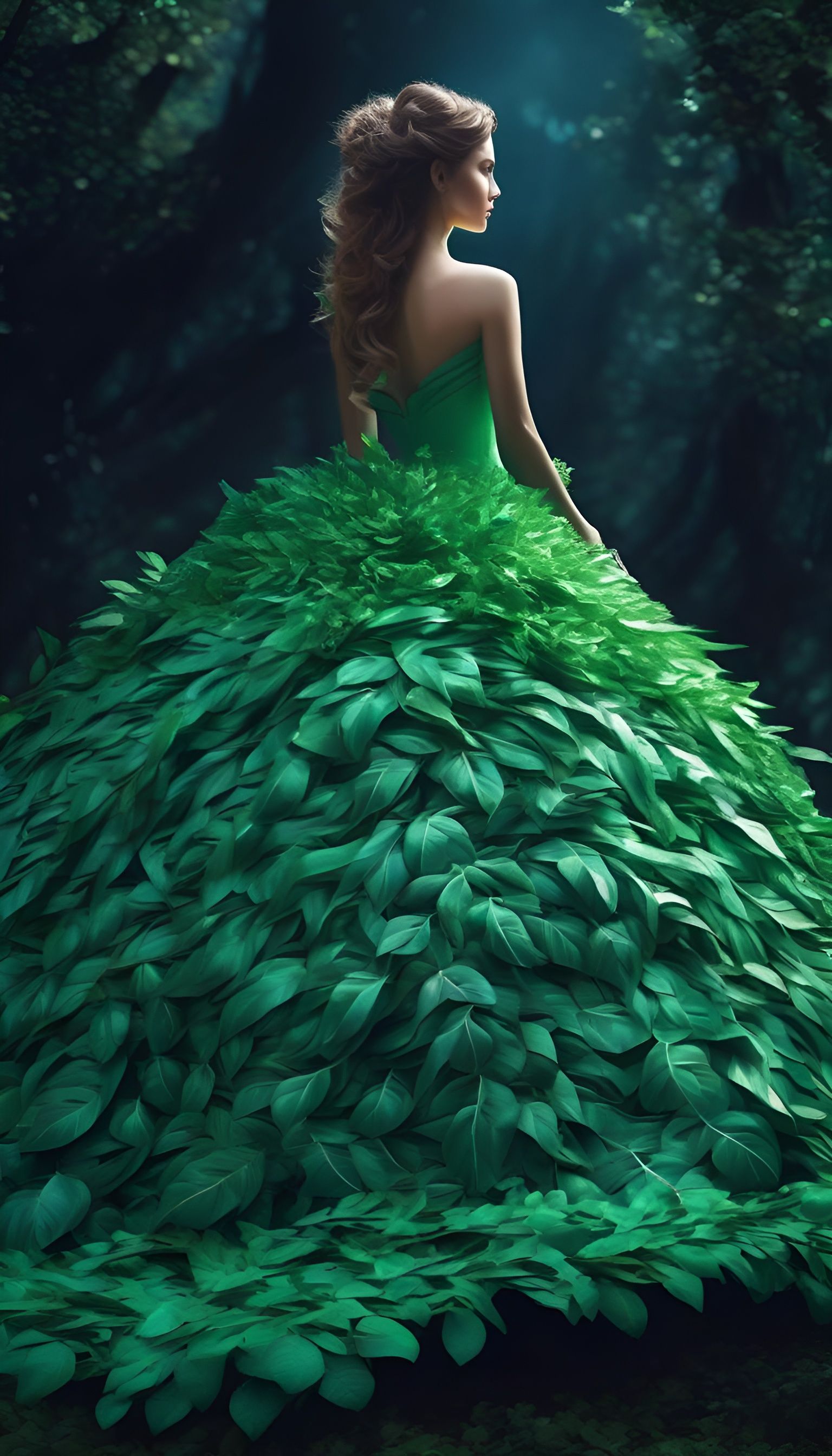Magical Ball Gown of Green Leaves and Branches