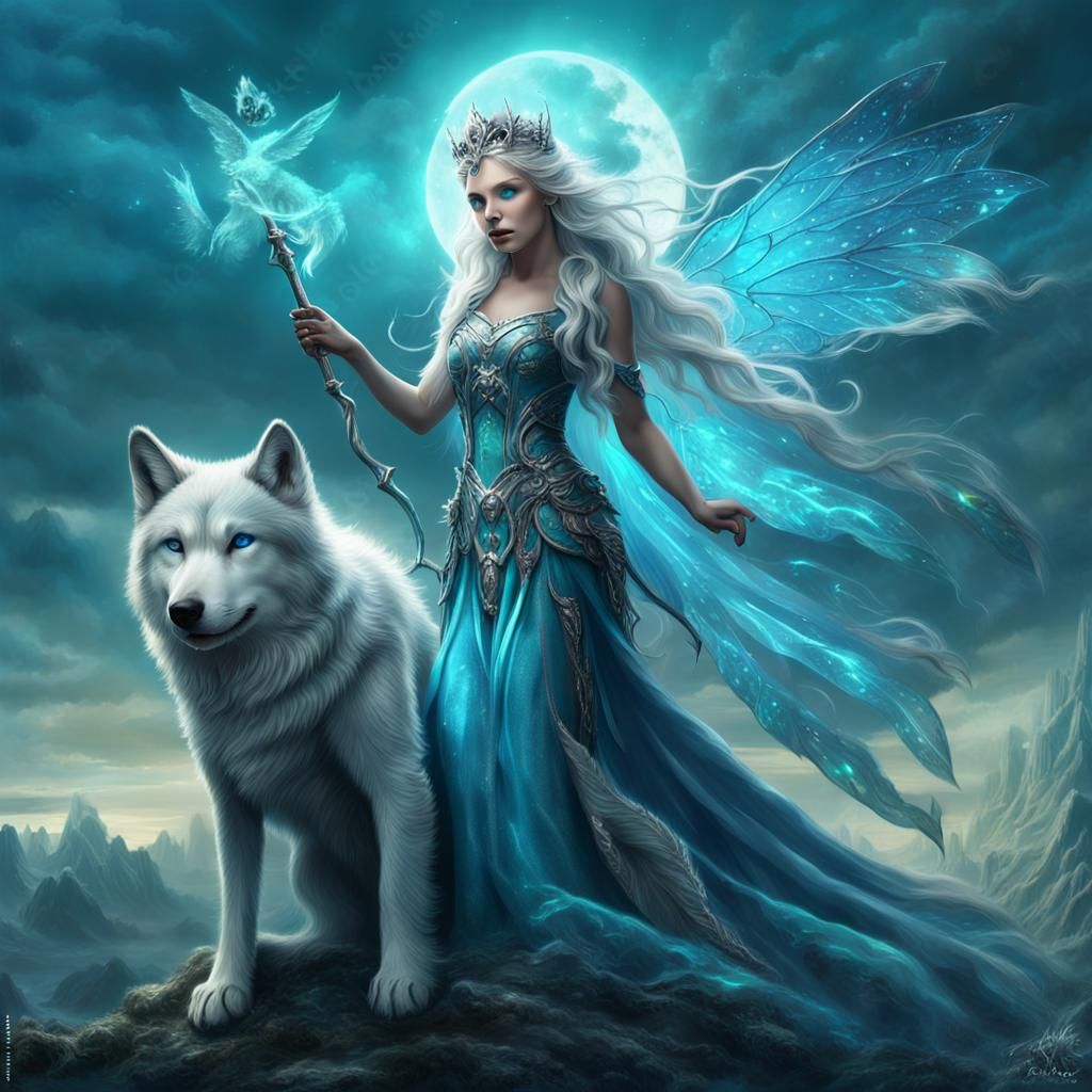 Ethereal Fairy with Wolf, Fantasy Concept Art