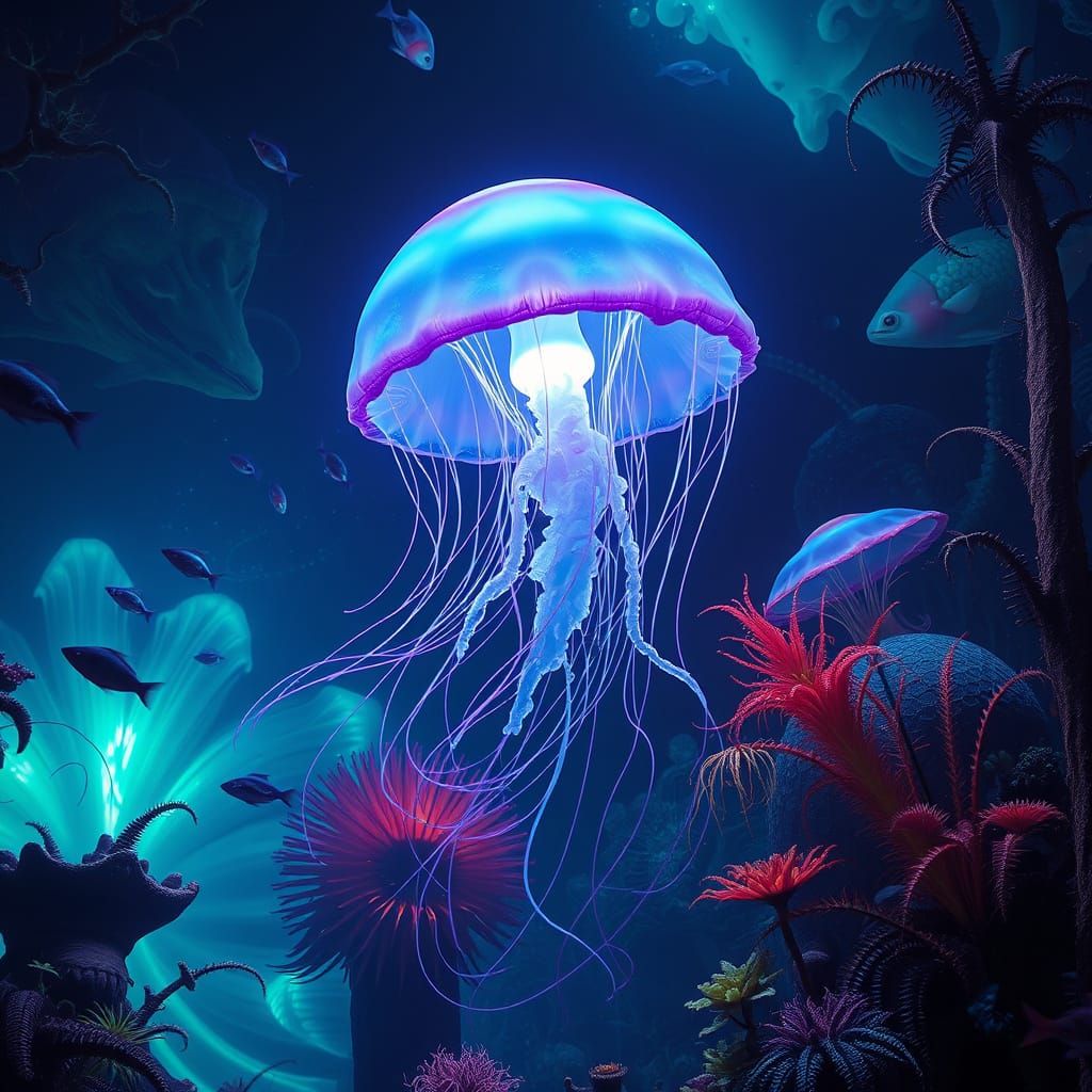 Bioluminescent Jellyfish Dance in Alien Ocean