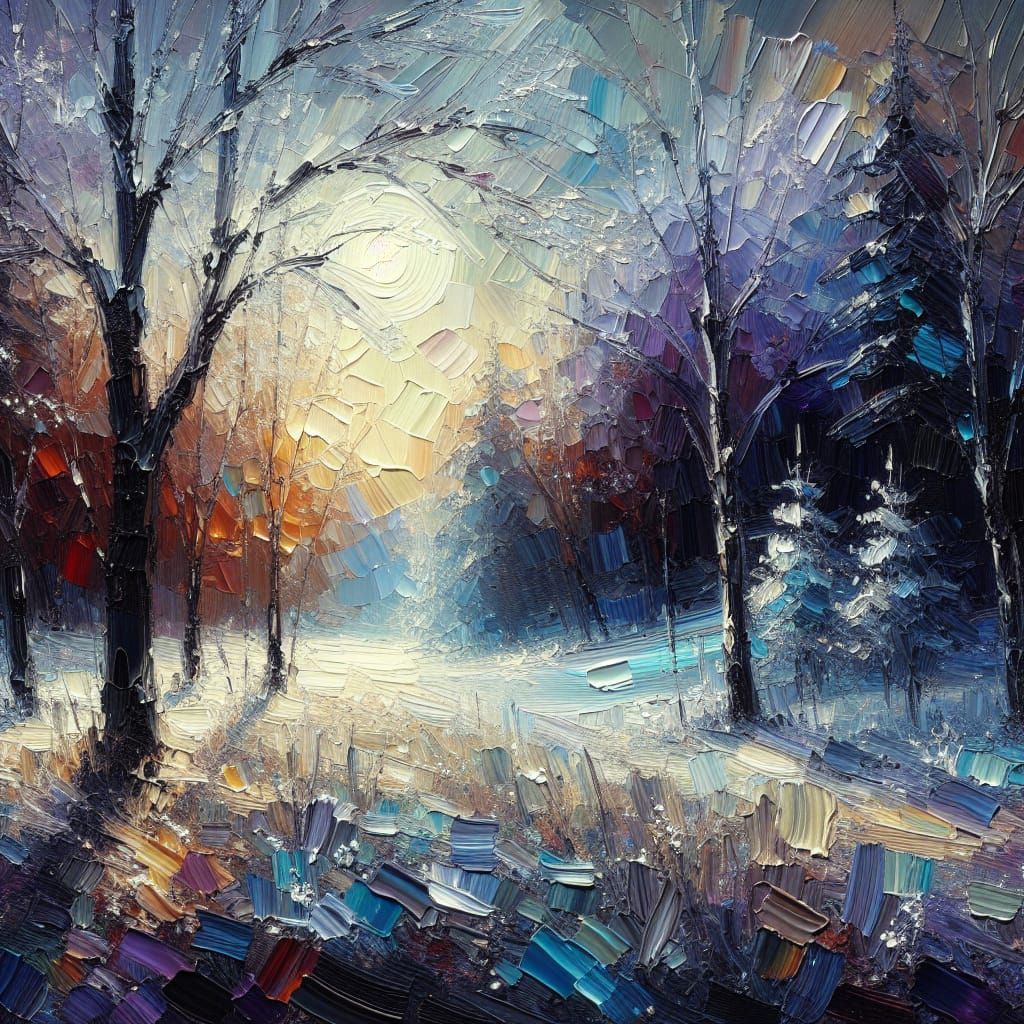 Impasto Winter's Eve with Frosty Trees