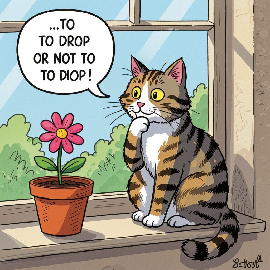 Funny Cat Contemplates Dropping Flower Pot