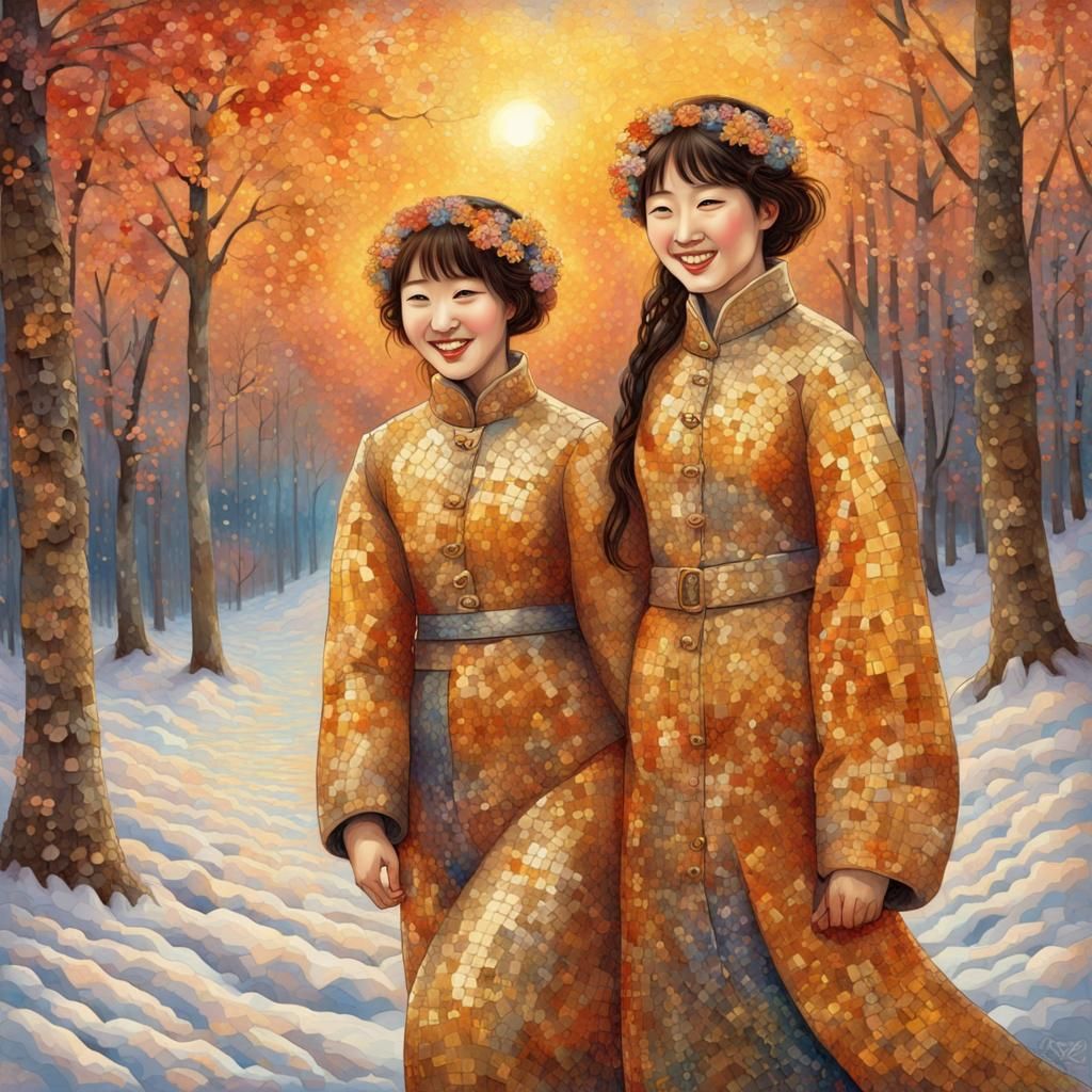 Golden Mosaic: Women in Snowy Landscape, Klimt Style