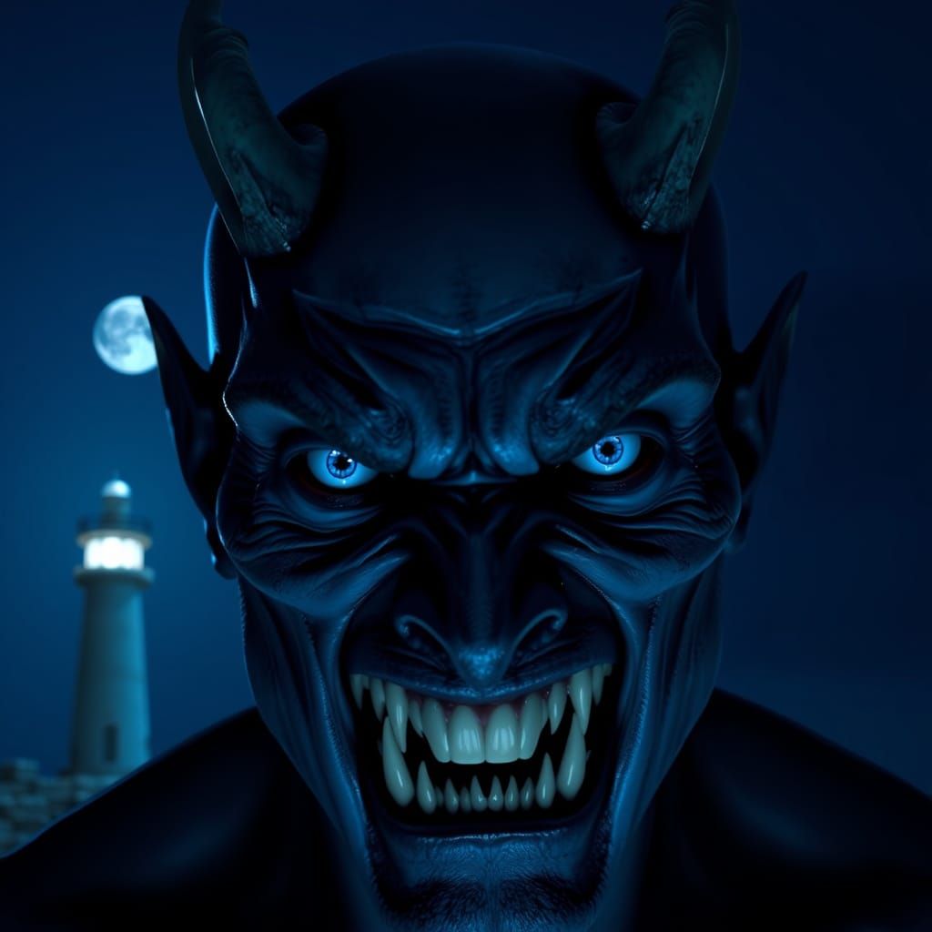 Dark Fantasy Demon Stares Forward with Piercing Blue Eyes