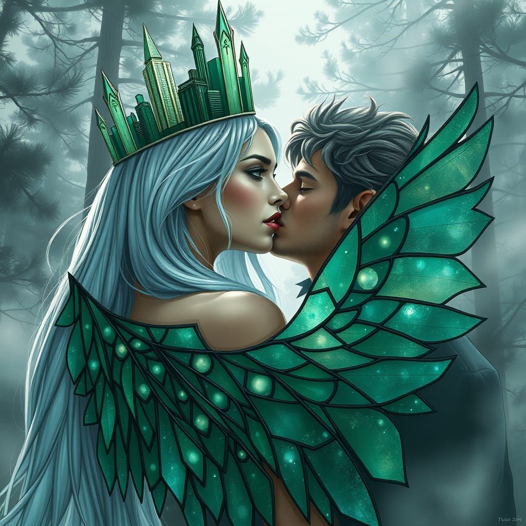 Futuristic Goddess in City Crown with Emerald Wings