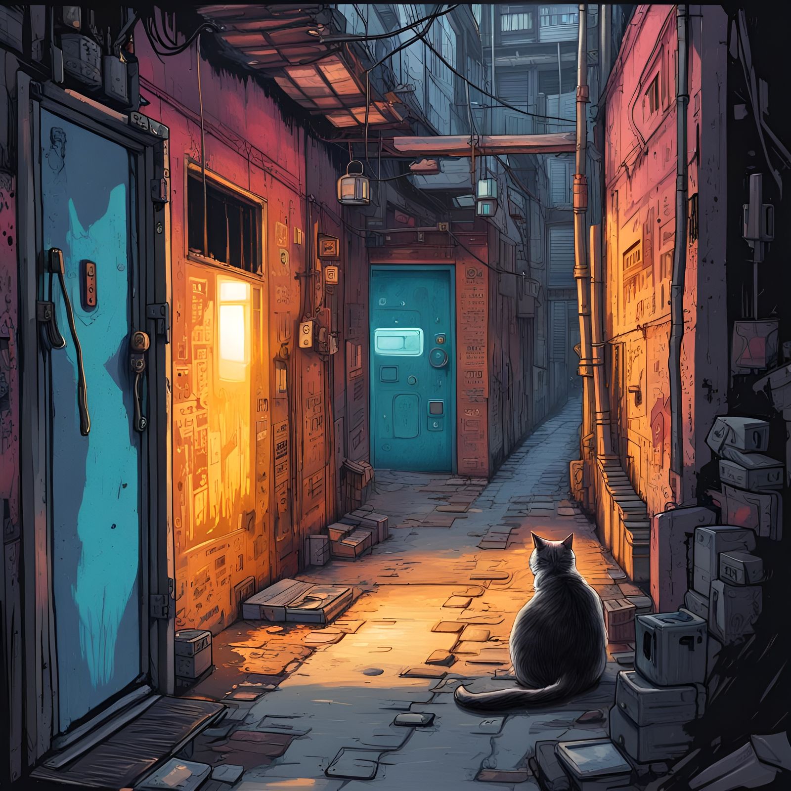 Cyberpunk Alley Cat in Slums: Digital Illustration