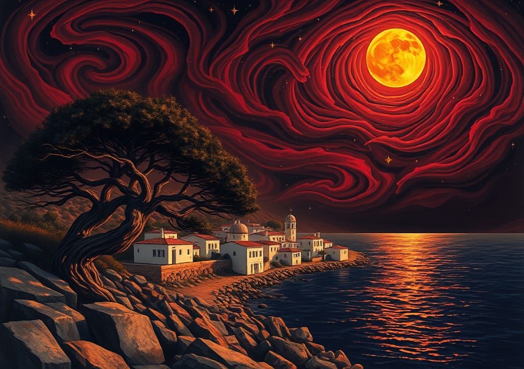 Moonlit Coastal Village Under Swirling Night Sky