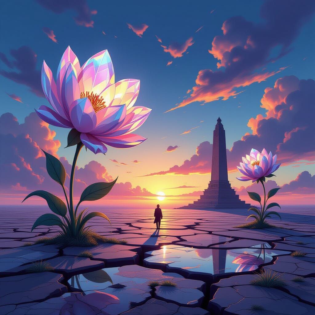 Surreal Landscape of Crystalline Flowers and Abstract Monume...