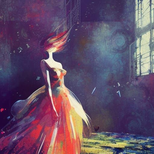 Ballgown Girl in Ruined Ballroom: Surreal Digital Art
