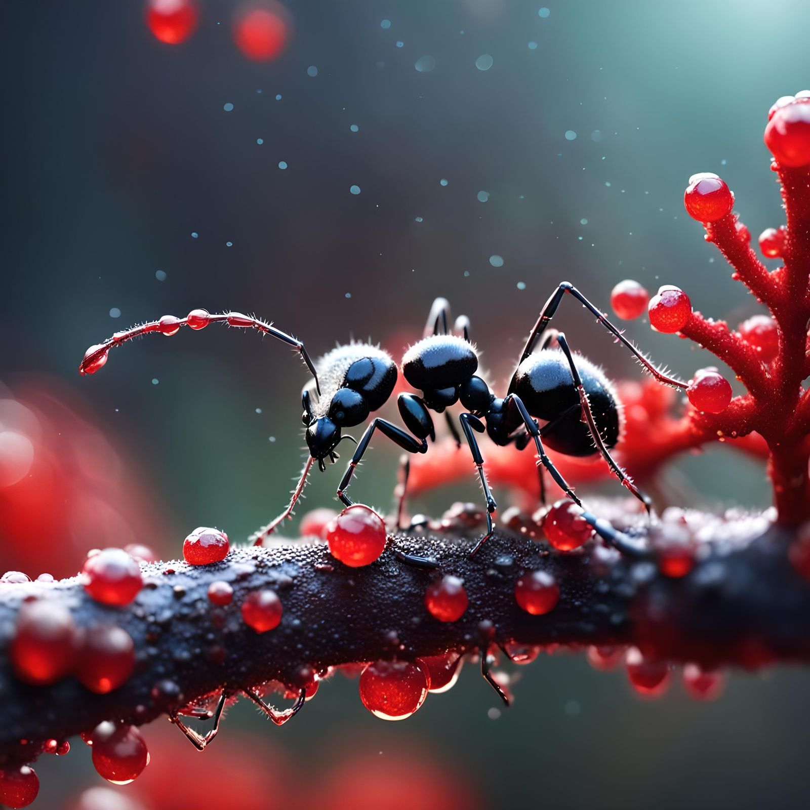 Dew-Kissed Ant on Red Branch: Detailed Digital Art