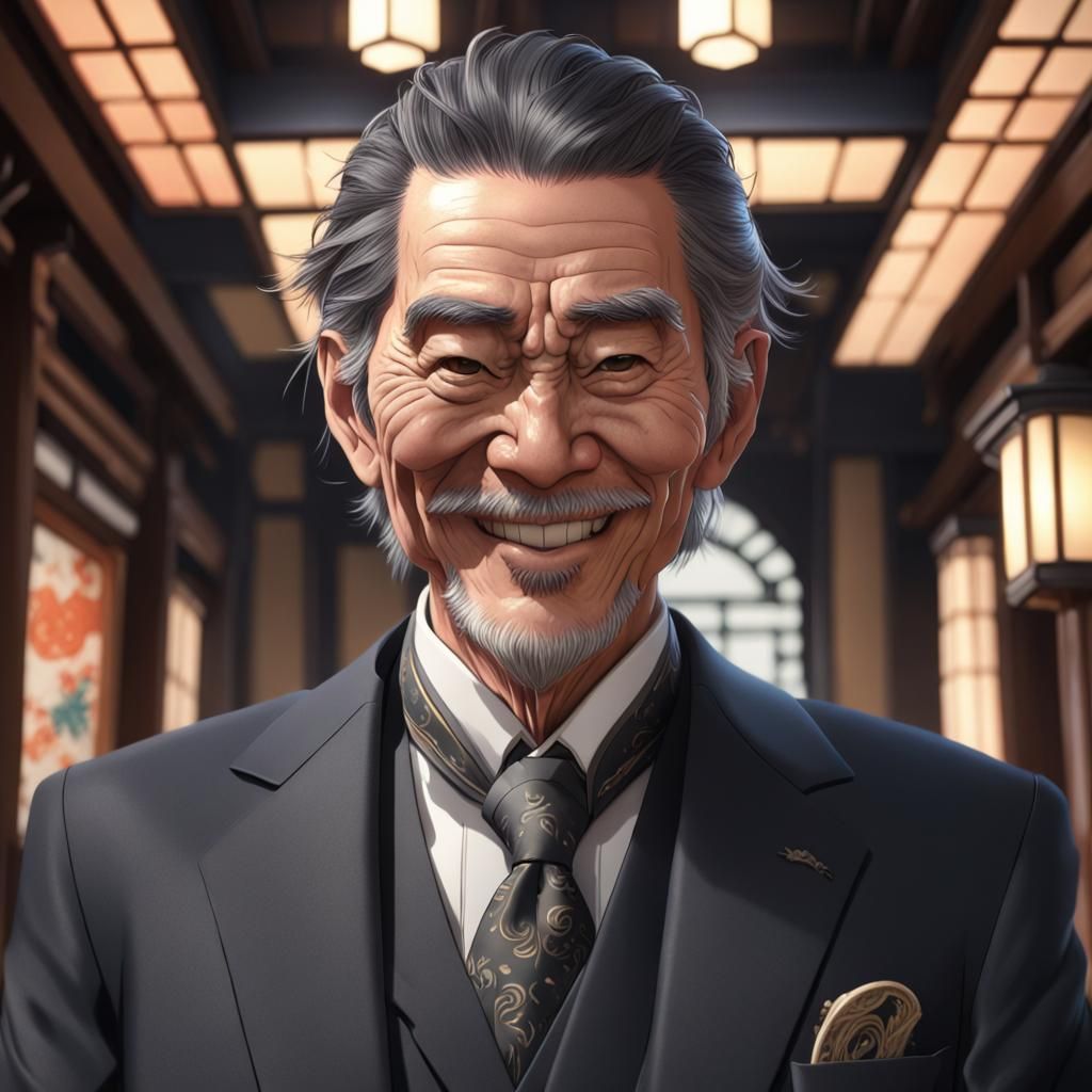 Sinister Old Japanese Man Portrait in Hyperdetailed Style