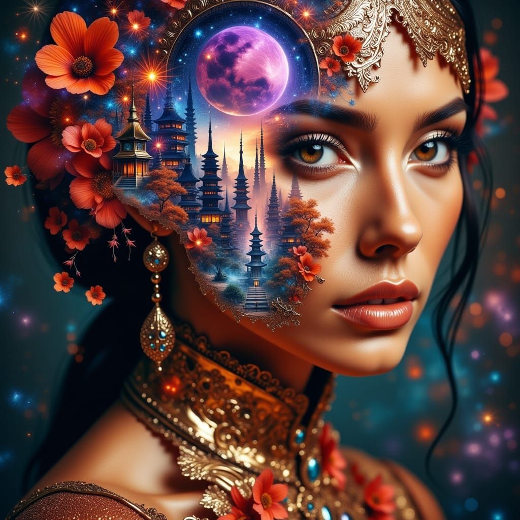 Fantasy Portrait of Orange-Skinned Woman in Metallic Attire