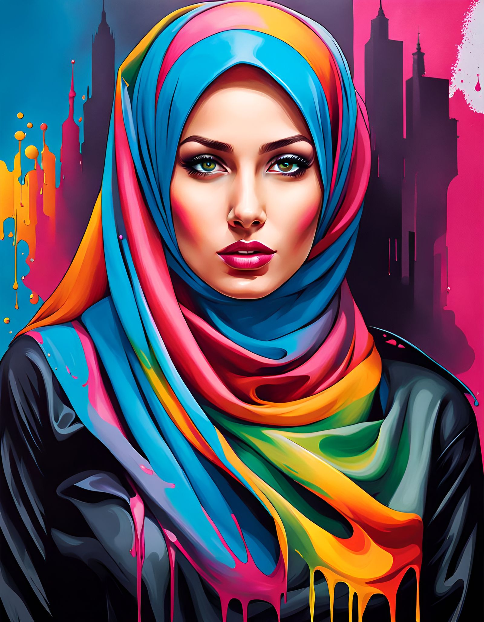 Beautiful Hijabi Woman in Street Art Style