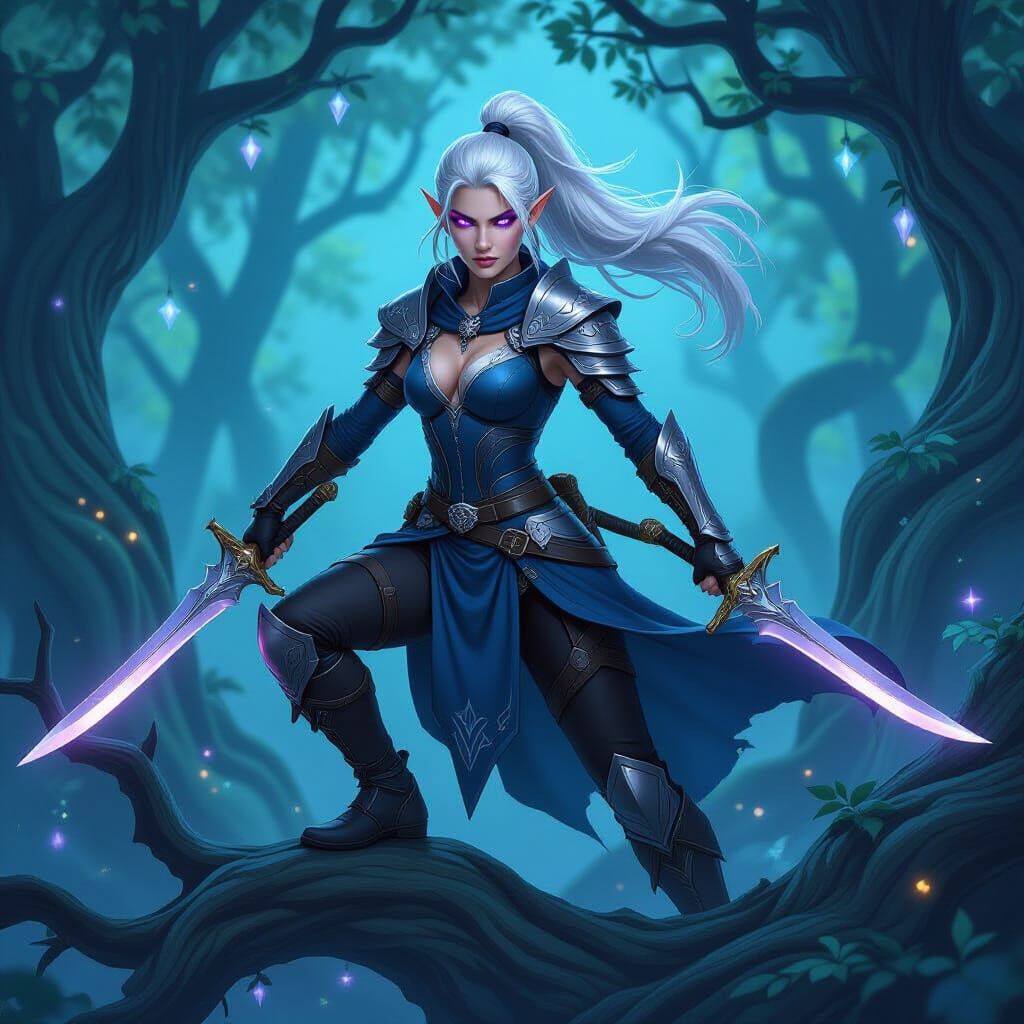Moonshadow Elf Warrior Ready for Battle in Magical Forest