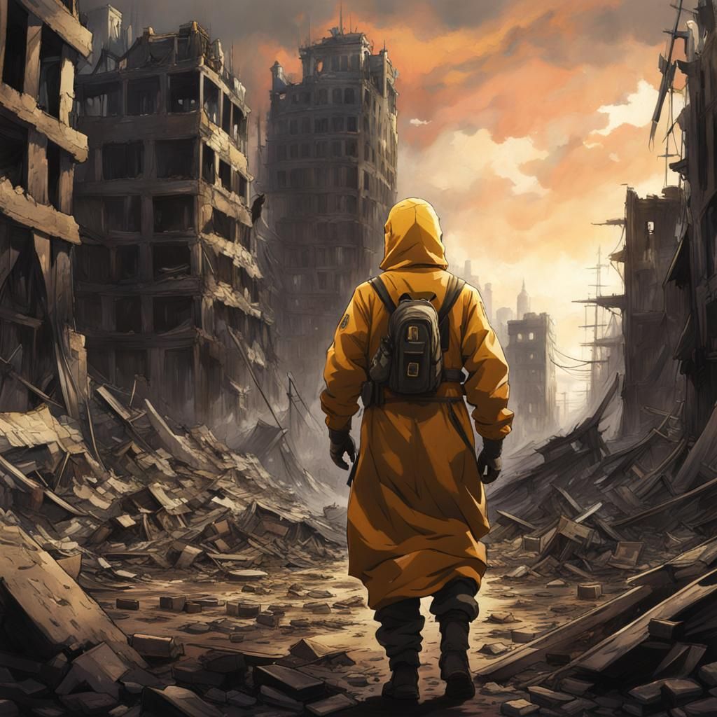 Post-Apocalyptic Warsaw Hazmat Walker in Anime Style