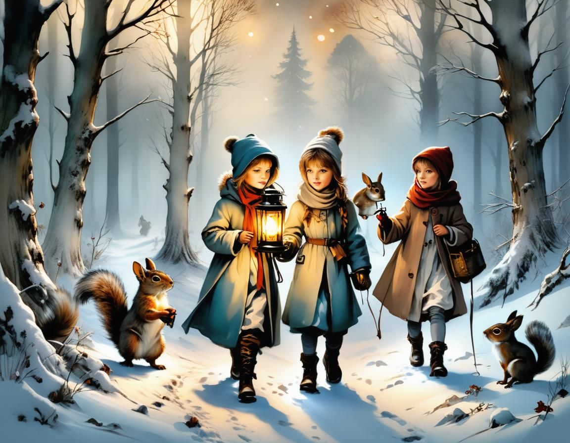 Snowy Forest Scene in Dreamy Watercolor Style