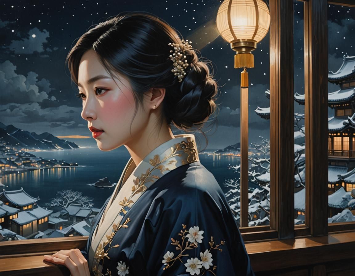 Japanese Woman's Nostalgic Winter Window View