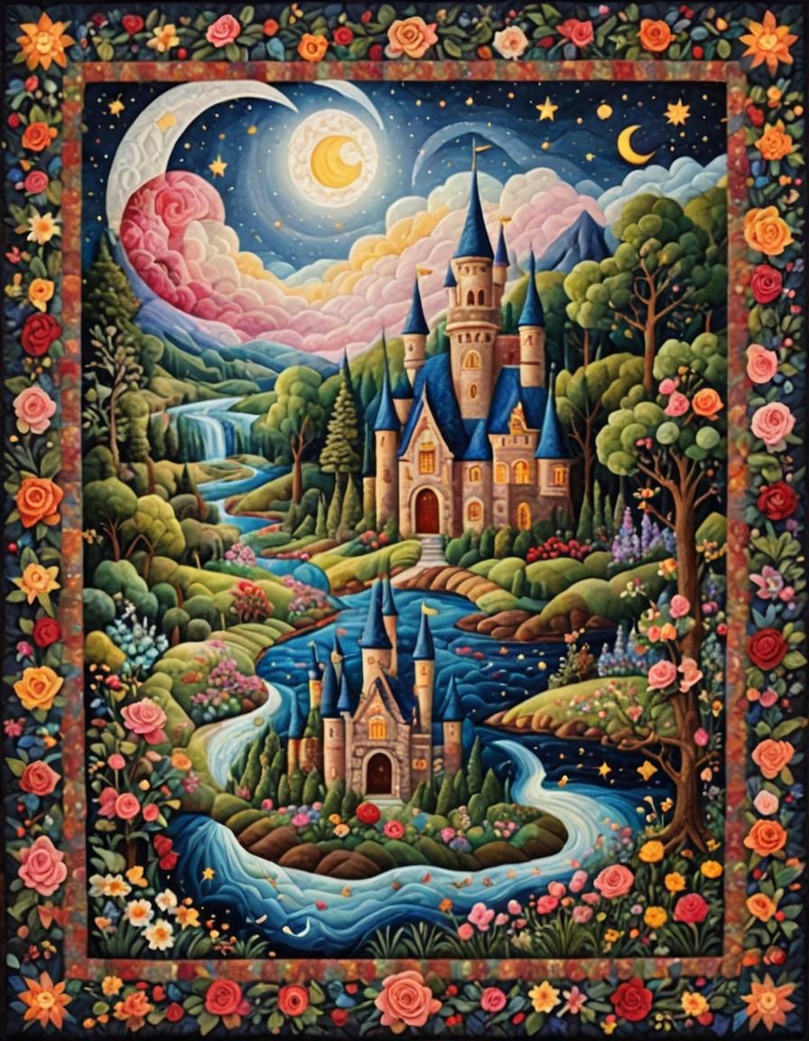 Whimsical Fairytale Scene on Patchwork Quilt