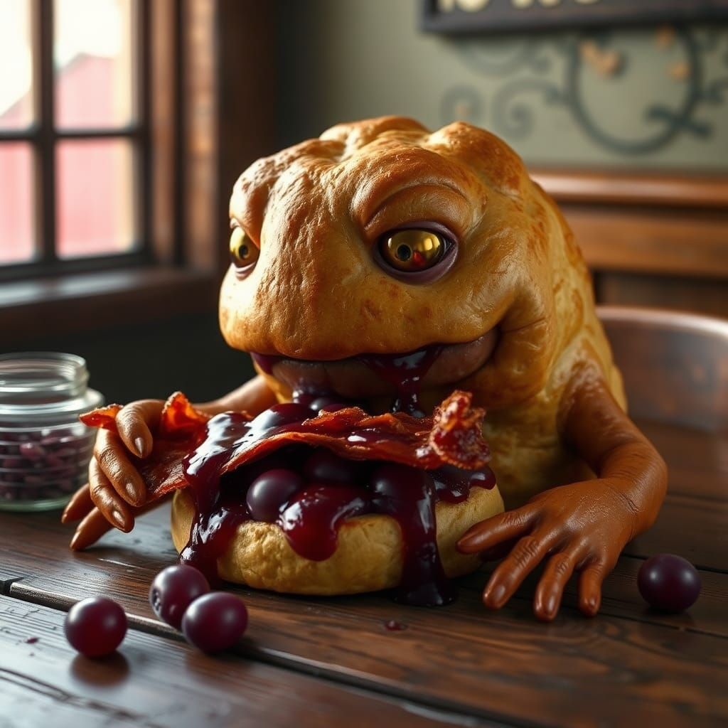 Anthropomorphic Sausage Biscuit Monster Eats Bacon Sandwich