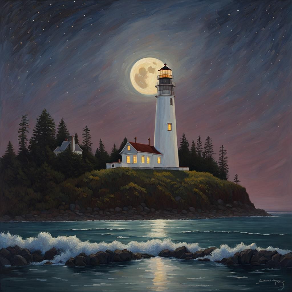 Umpqua Lighthouse at Night: Oil Painting by James Gurney