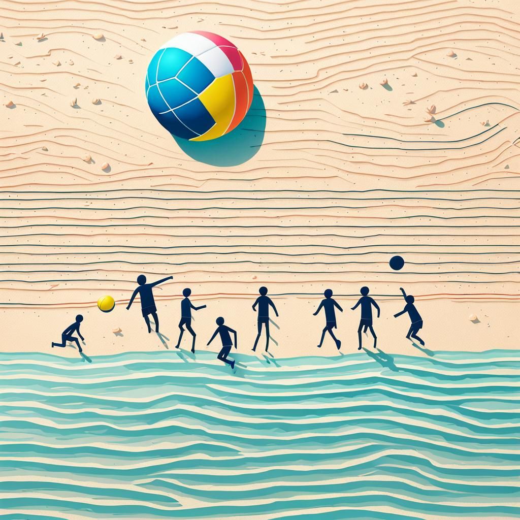 Stick Figures Play Volleyball at Sunset