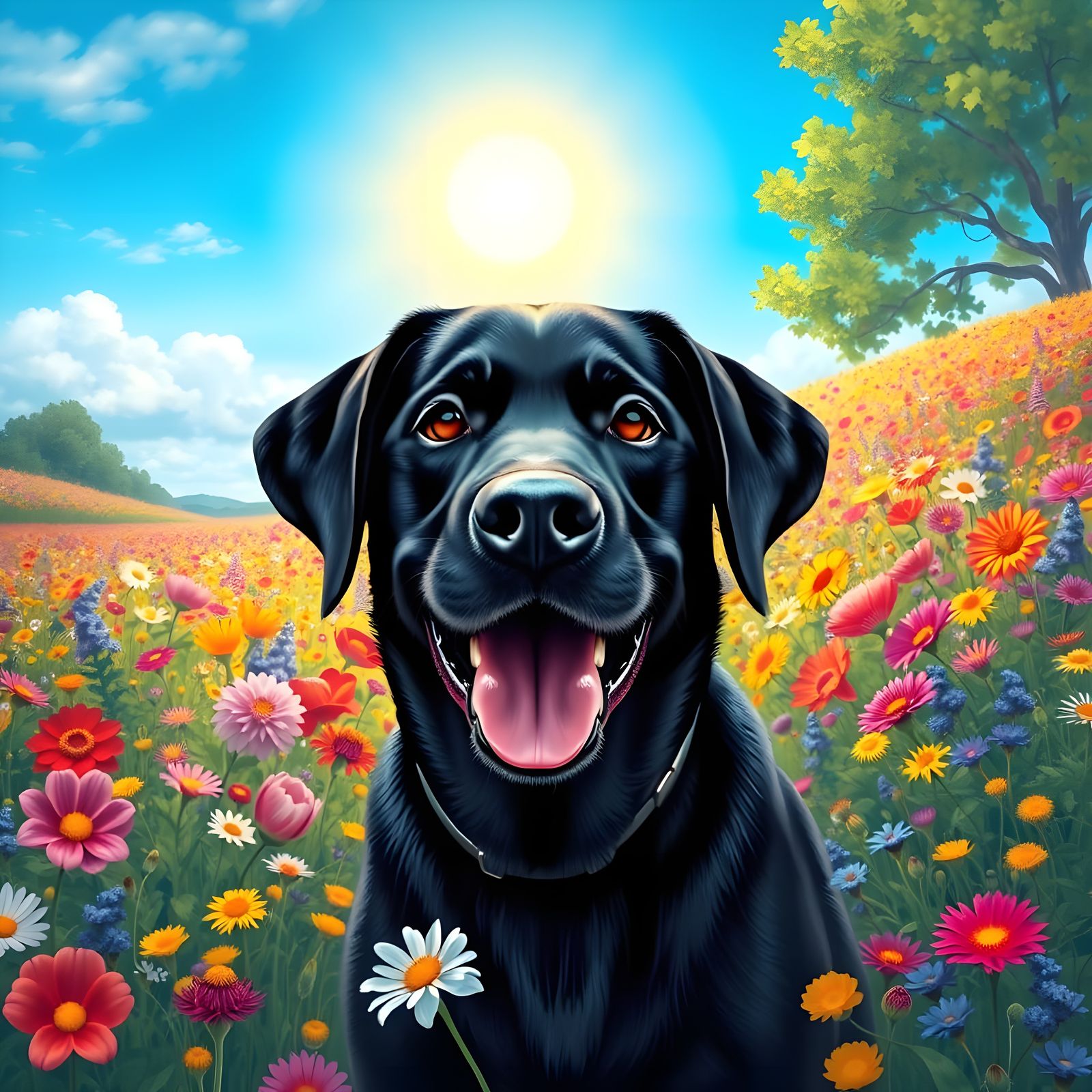 Cheerful Labrador in Flower Field, Whimsical Digital Art