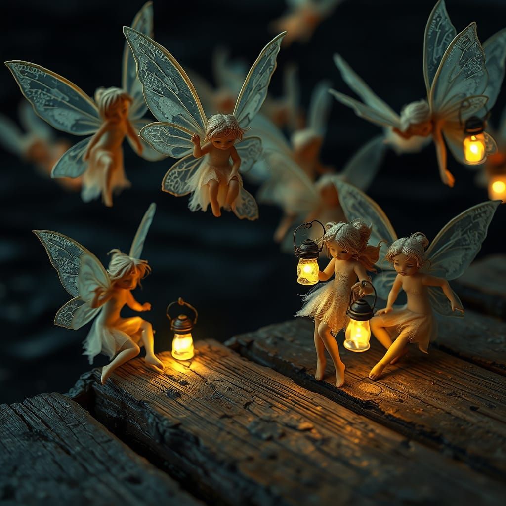 Fairies Hovering at Midnight Harbor Edge