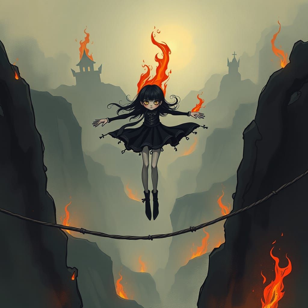Emo Goth Cartoon Tightrope Walker Over Inferno