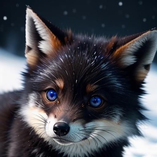 Adorable Black Fox Cub Portrait in Winter Scene