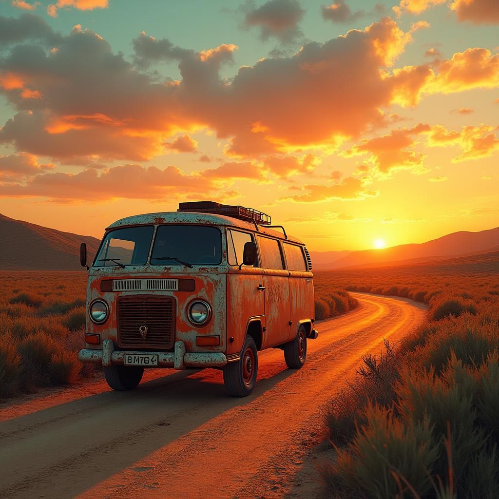 Van on Alentejo Coast at Sunset in Nostalgic Style